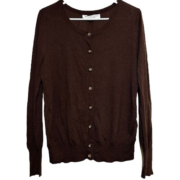 Trina Turk Cardigan Silk Sweater Knitted Long Sleeve Button Front Ribbed Brown M - Picture 1 of 4